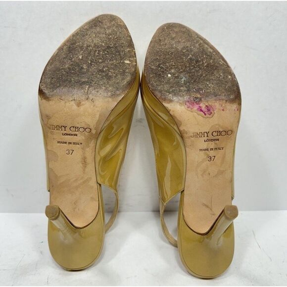 Jimmy Choo Patent Leather Tan High Heels Slingback Peep Toe Womens Size 7 / 37 - Picture 11 of 11
